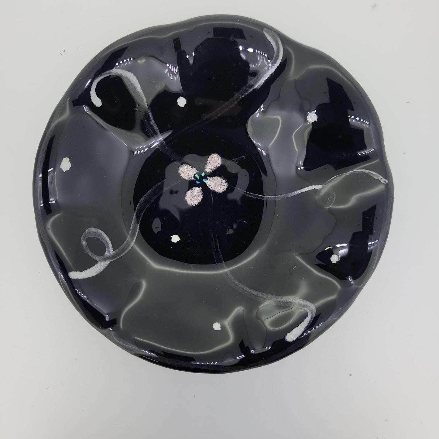 Hand Painted Ruffled Black Fused Glass Dish