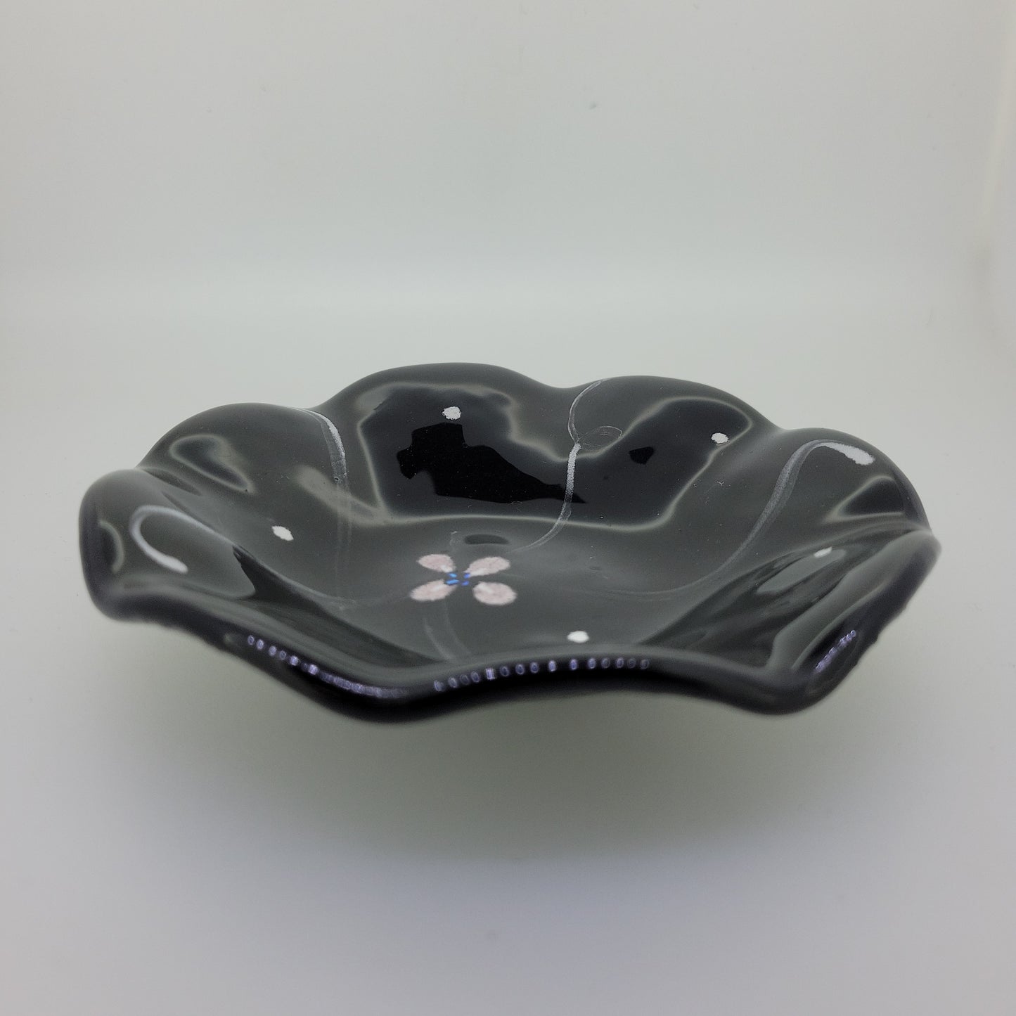 Hand Painted Ruffled Black Fused Glass Dish