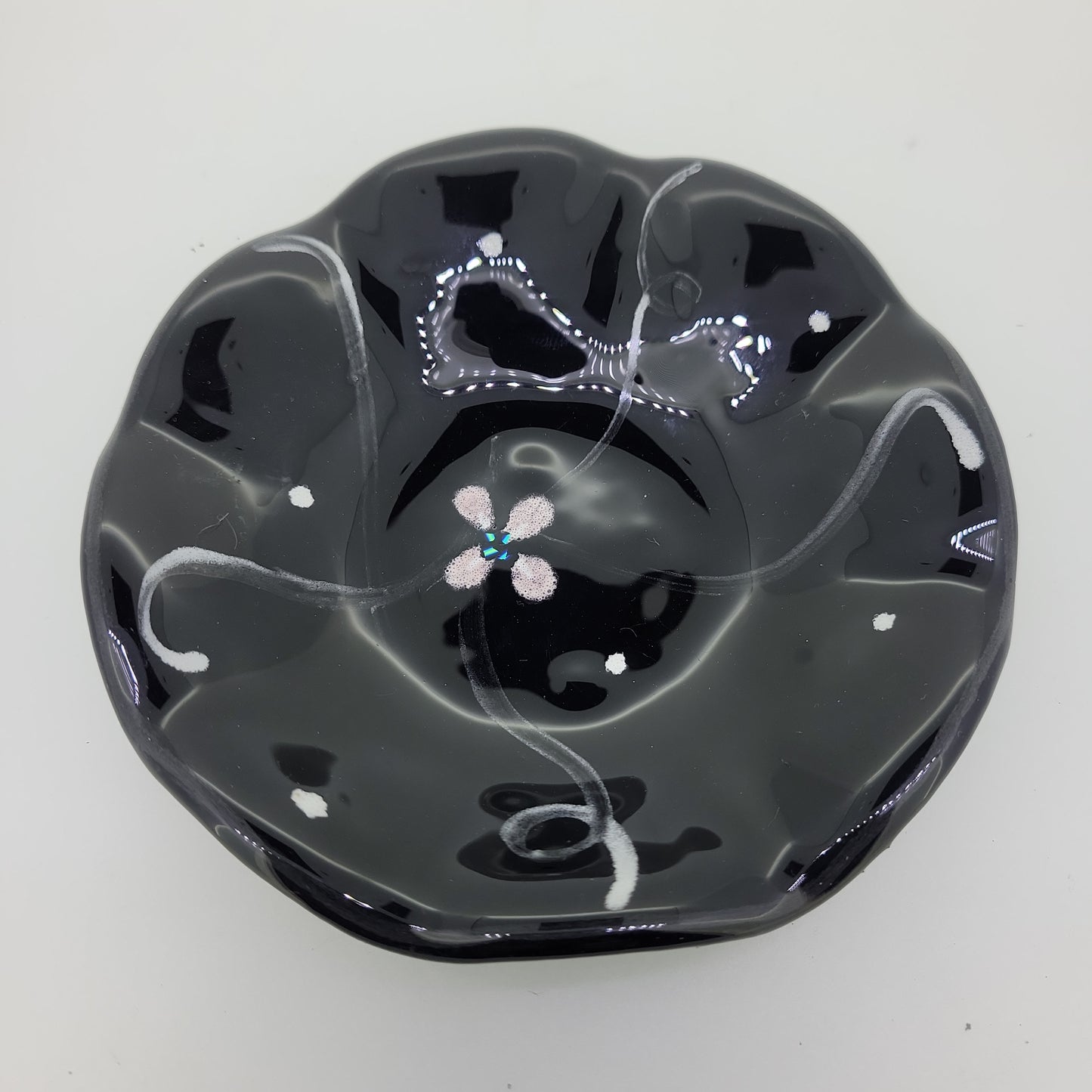Hand Painted Ruffled Black Fused Glass Dish