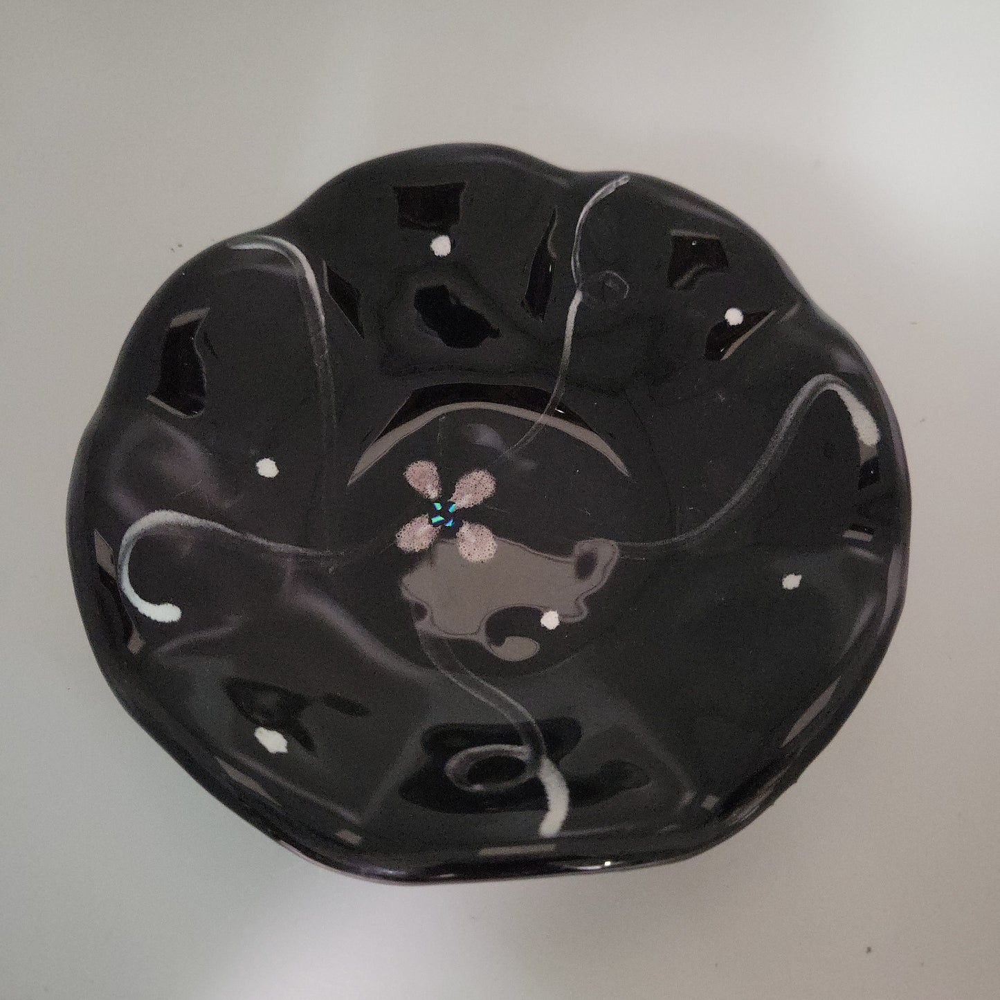 Hand Painted Ruffled Black Fused Glass Dish