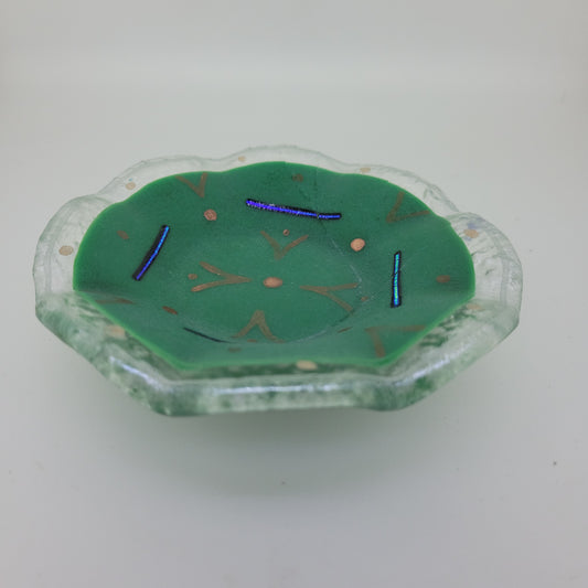 Hand Painted Ruffled Green Fused Glass Dish