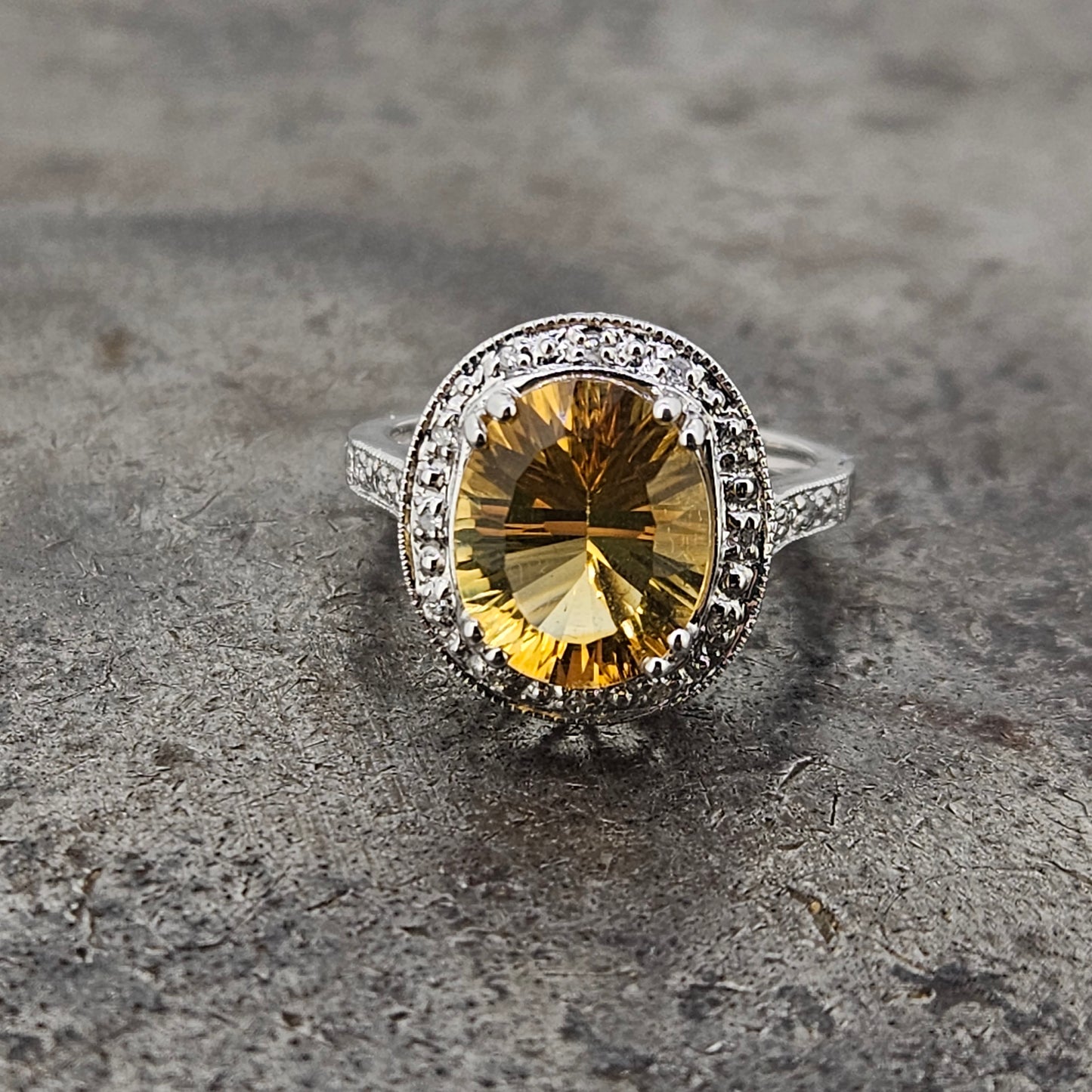 Sunburst Citrine and Diamond Halo Ring