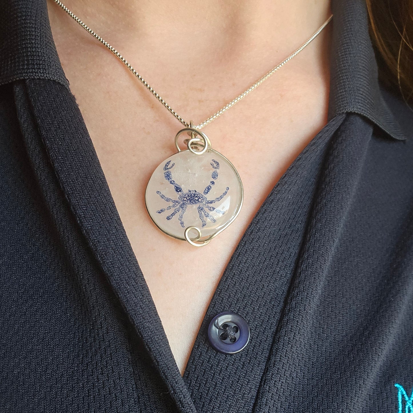 Handpainted Wire Wrapped Crab Fused Glass Necklace