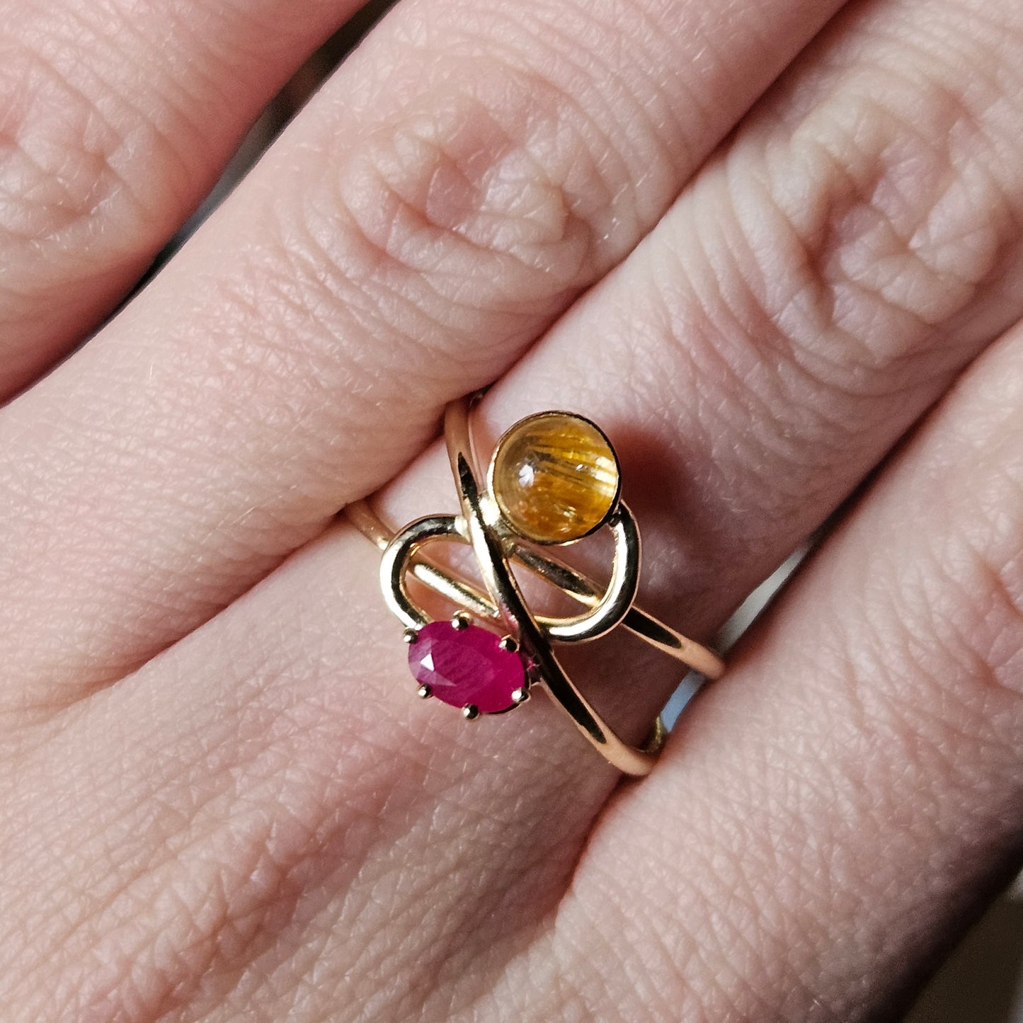 Handmade 14k Rutilated Quartz and Ruby Ring