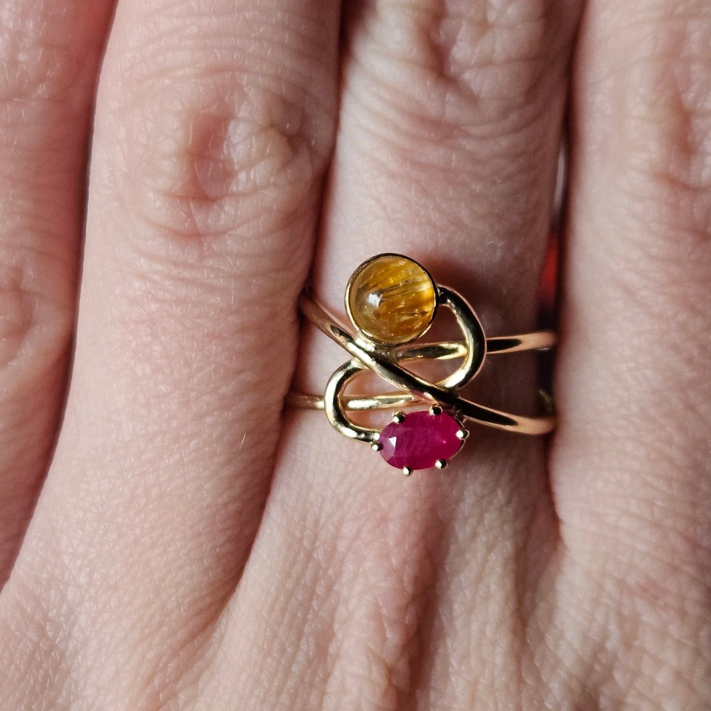 Handmade 14k Rutilated Quartz and Ruby Ring