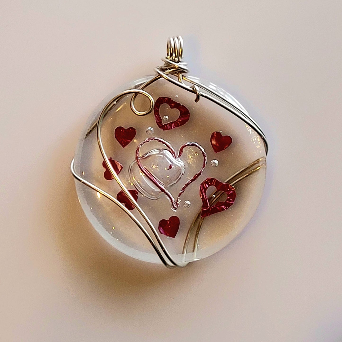 Wire Wrapped Heart Fused Glass Pendant