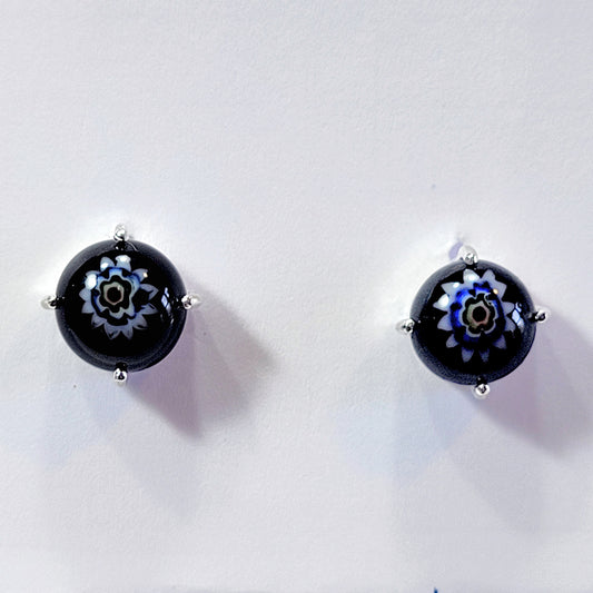 Black Floral Fused Glass Stud Earrings