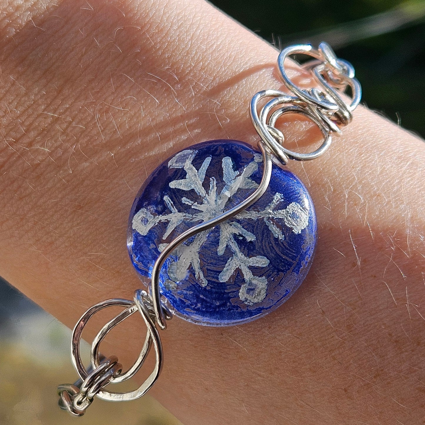 Handmade Sterling Silver Fused Glass Snowflake Bracelet