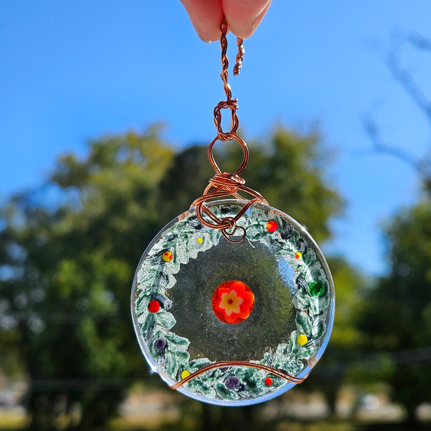 Fused Glass Wreath Ornament Wrapped with Copper Wire