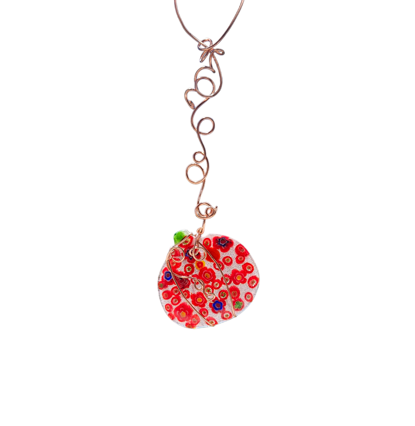 Red Fused Glass Pumpkin Wire Wrapped in Copper