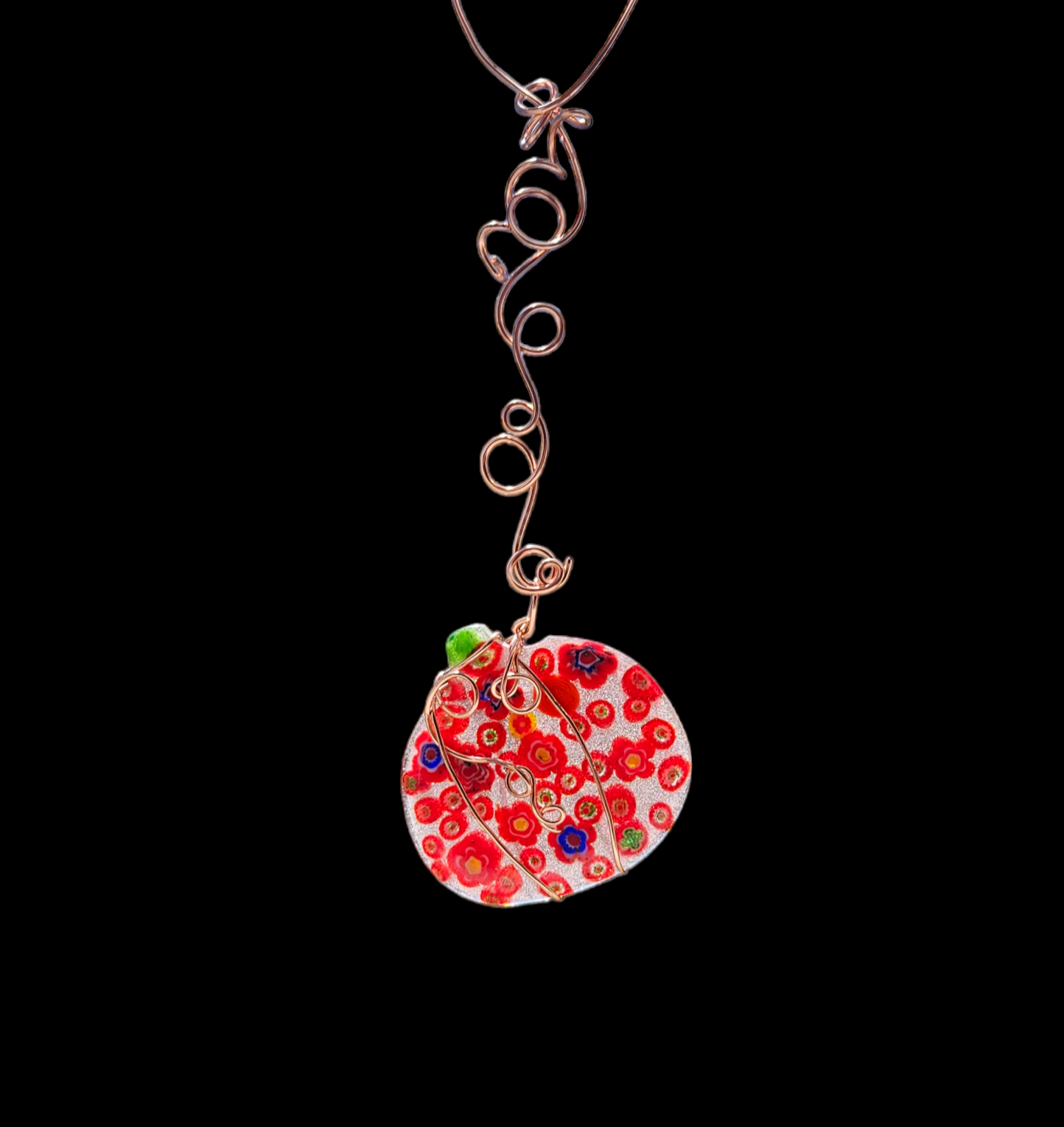 Red Fused Glass Pumpkin Wire Wrapped in Copper