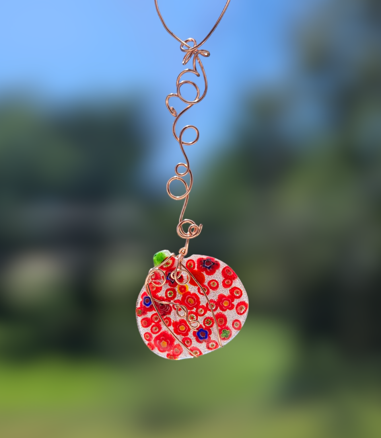 Red Fused Glass Pumpkin Wire Wrapped in Copper