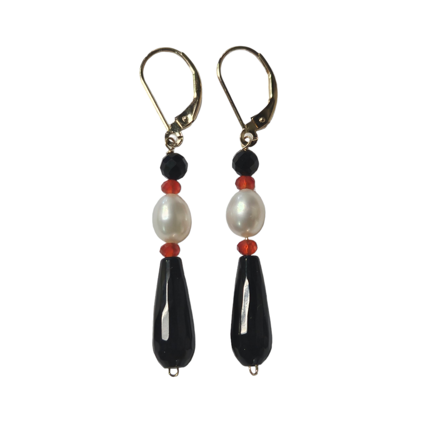 14k Rondelle Orange Carnelian, Black Onyx, and Pearl Earrings