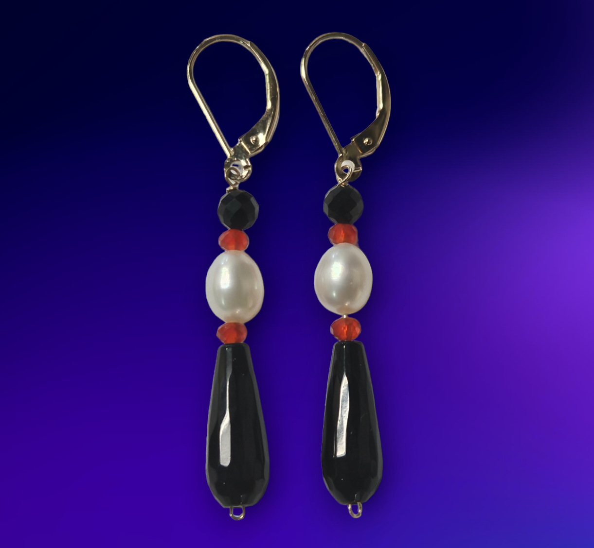 14k Rondelle Orange Carnelian, Black Onyx, and Pearl Earrings