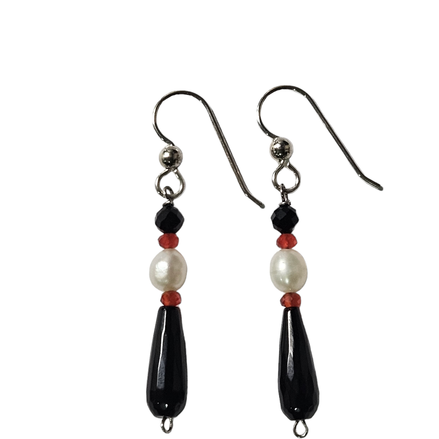 Sterling Rondelle Orange Carnelian, Black Onyx, and Pearl Earrings