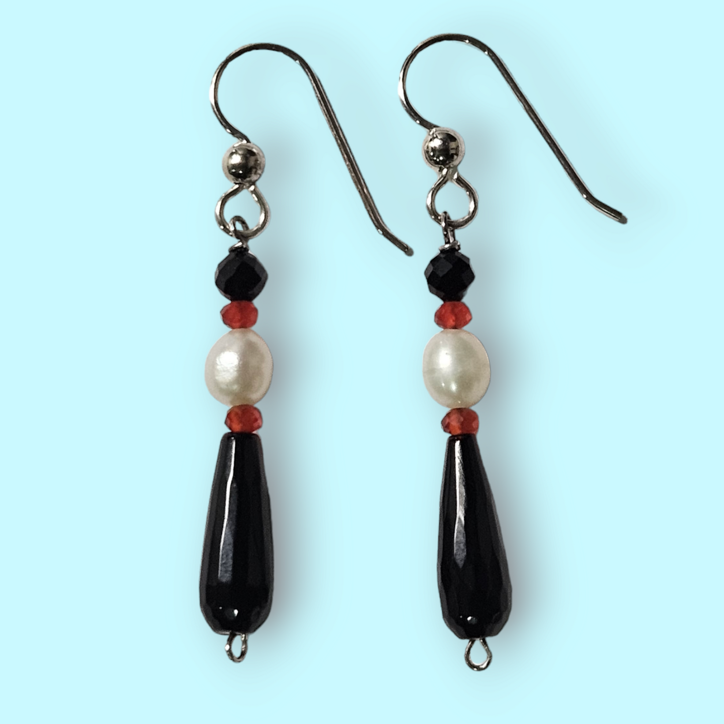 Sterling Rondelle Orange Carnelian, Black Onyx, and Pearl Earrings