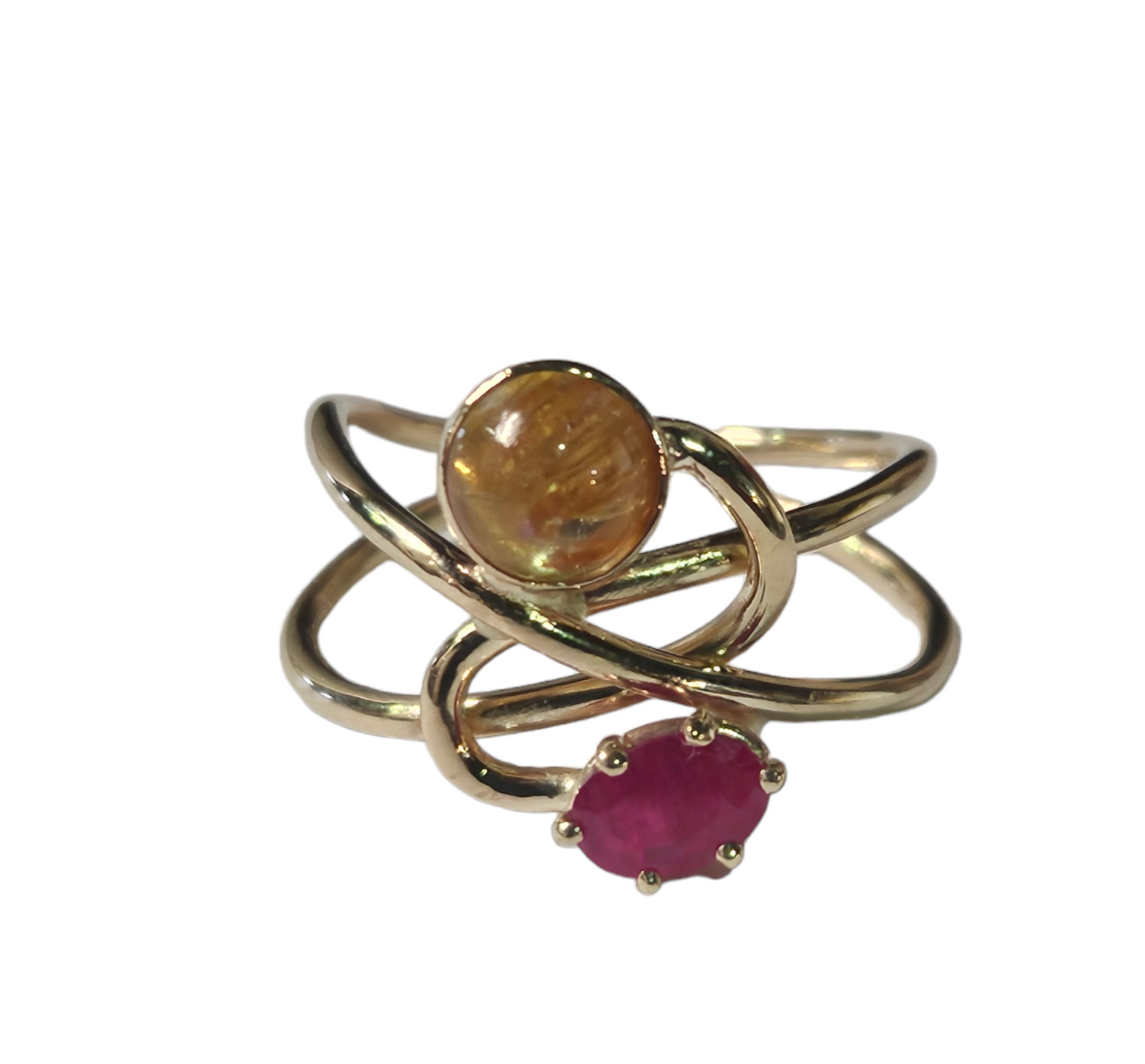 Handmade 14k Rutilated Quartz and Ruby Ring