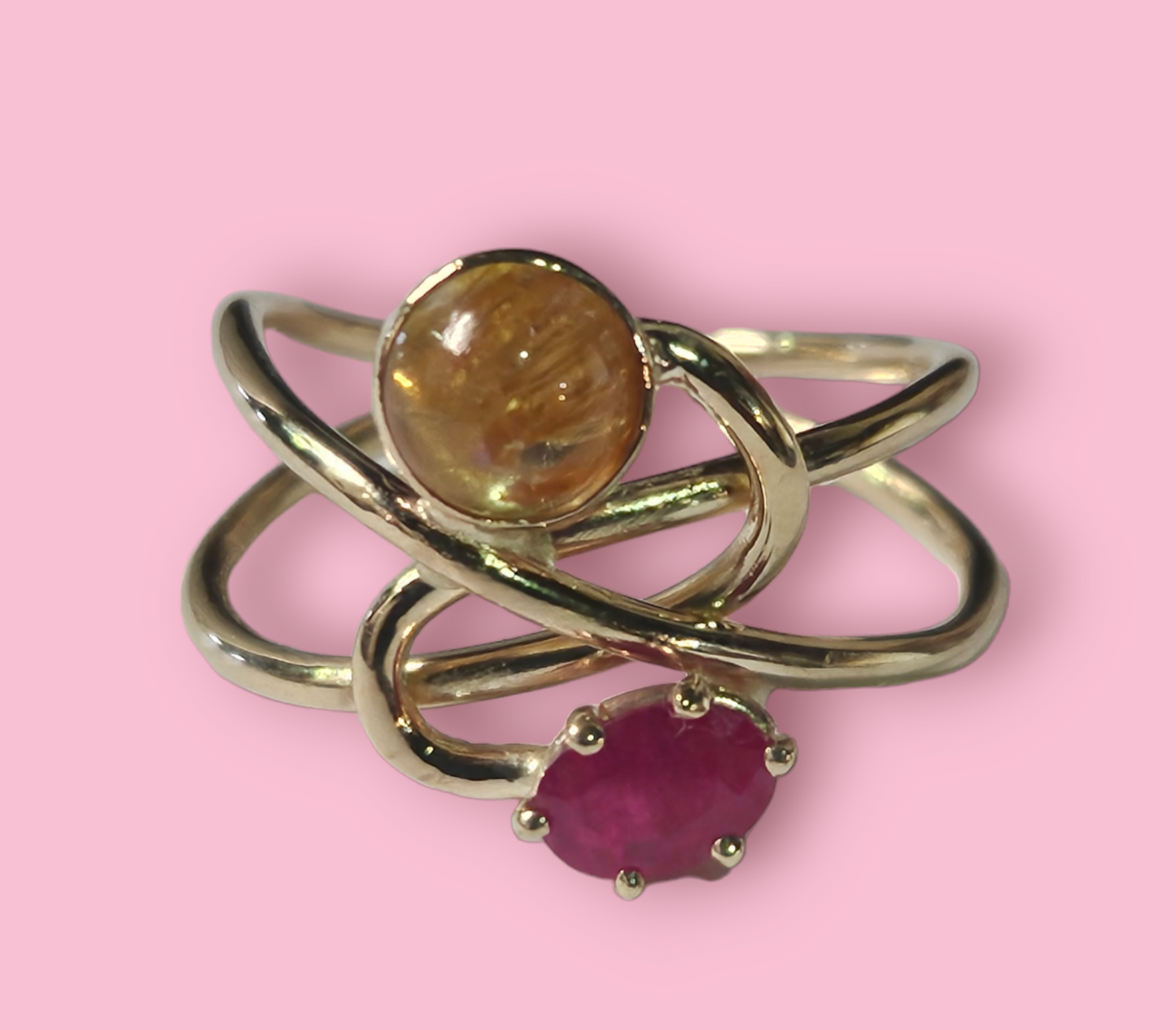 Handmade 14k Rutilated Quartz and Ruby Ring