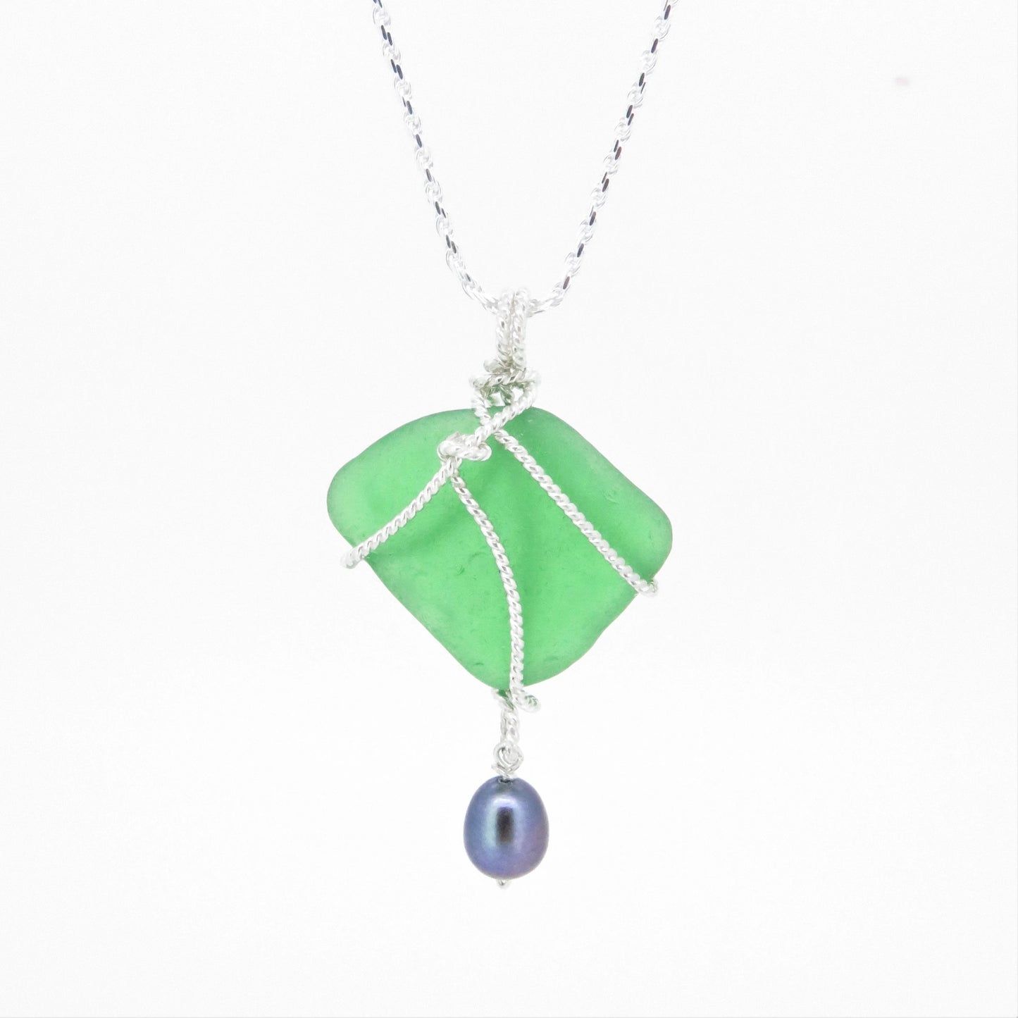 Green Seaglass with Pearl in Sterling Silver