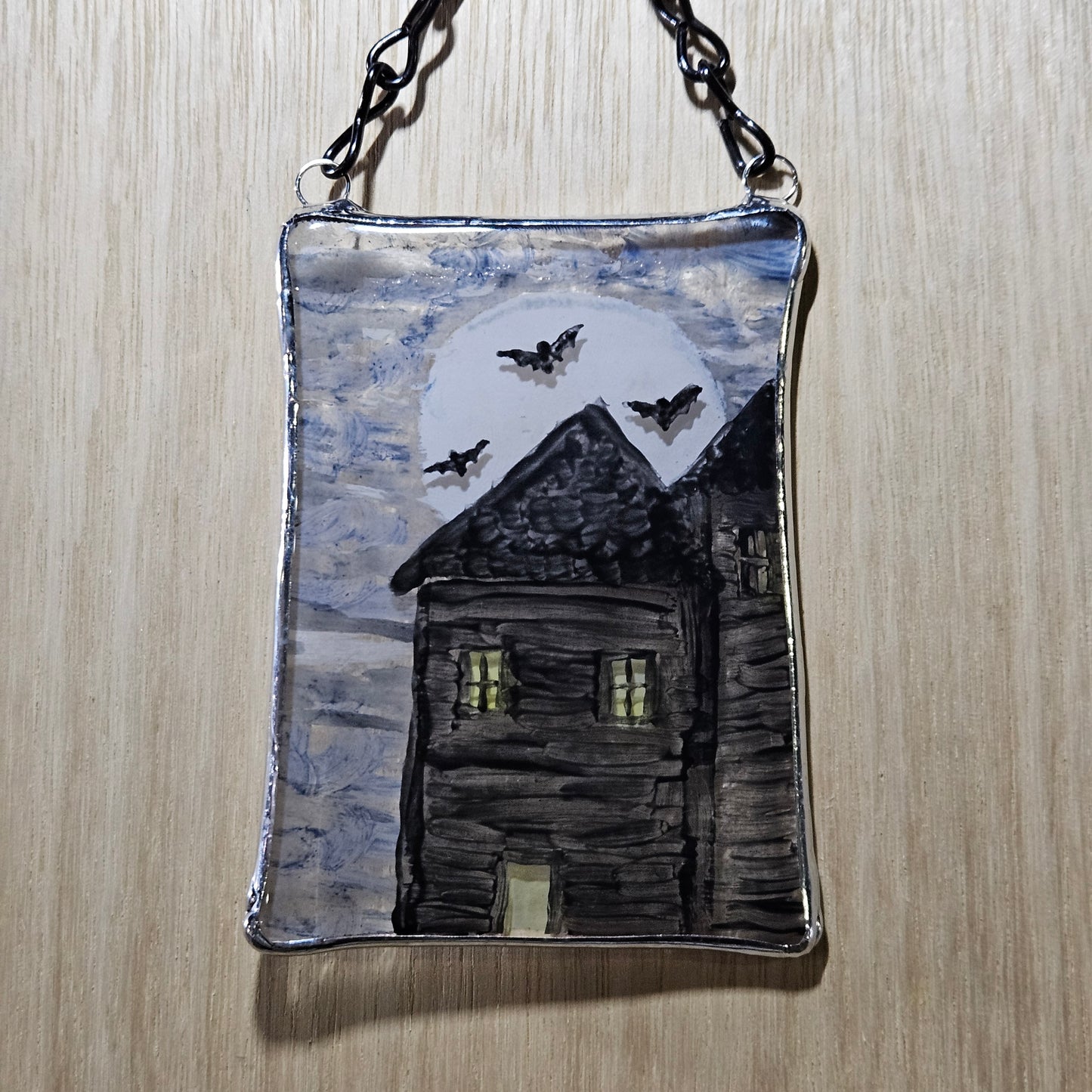 Hand Painted Fused Glass Haunted House Suncatcher