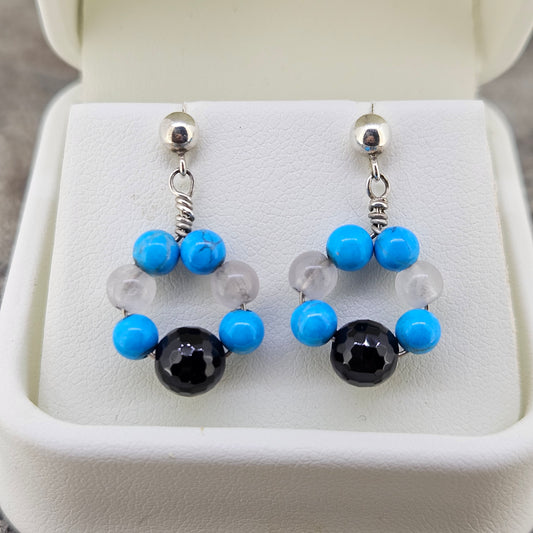 Sterling Turquoise, Quartz, and Black Onyx Earrings