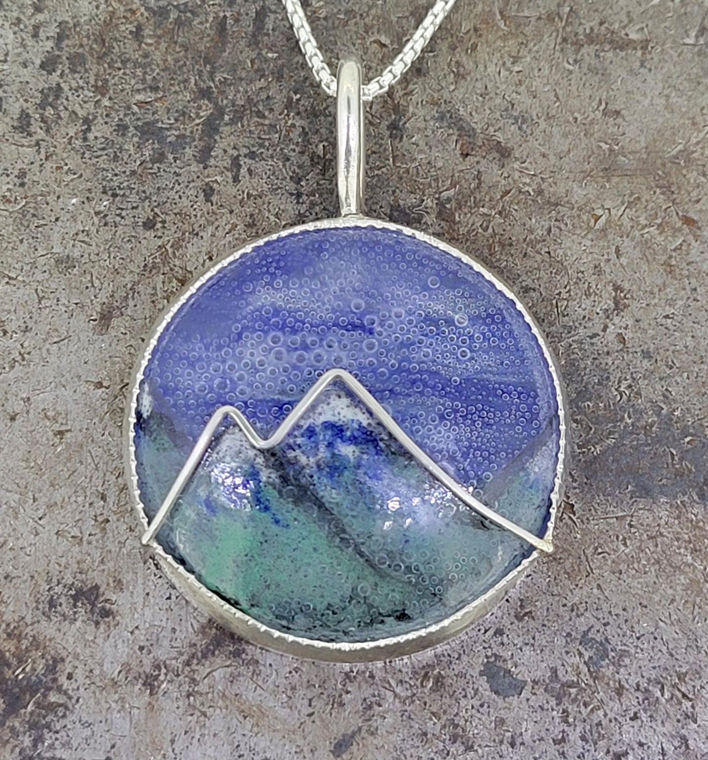 Hand painted Mountains Fused Glass Necklace