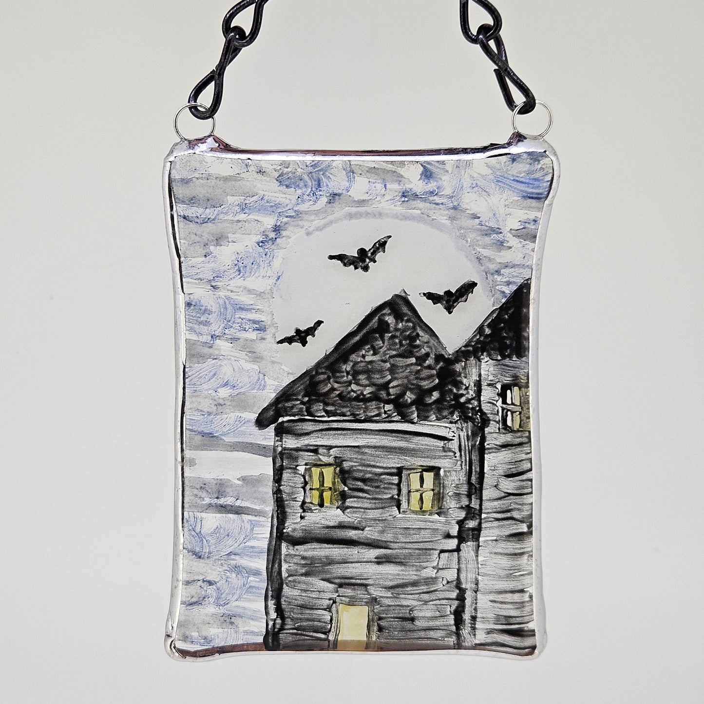 Hand Painted Fused Glass Haunted House Suncatcher