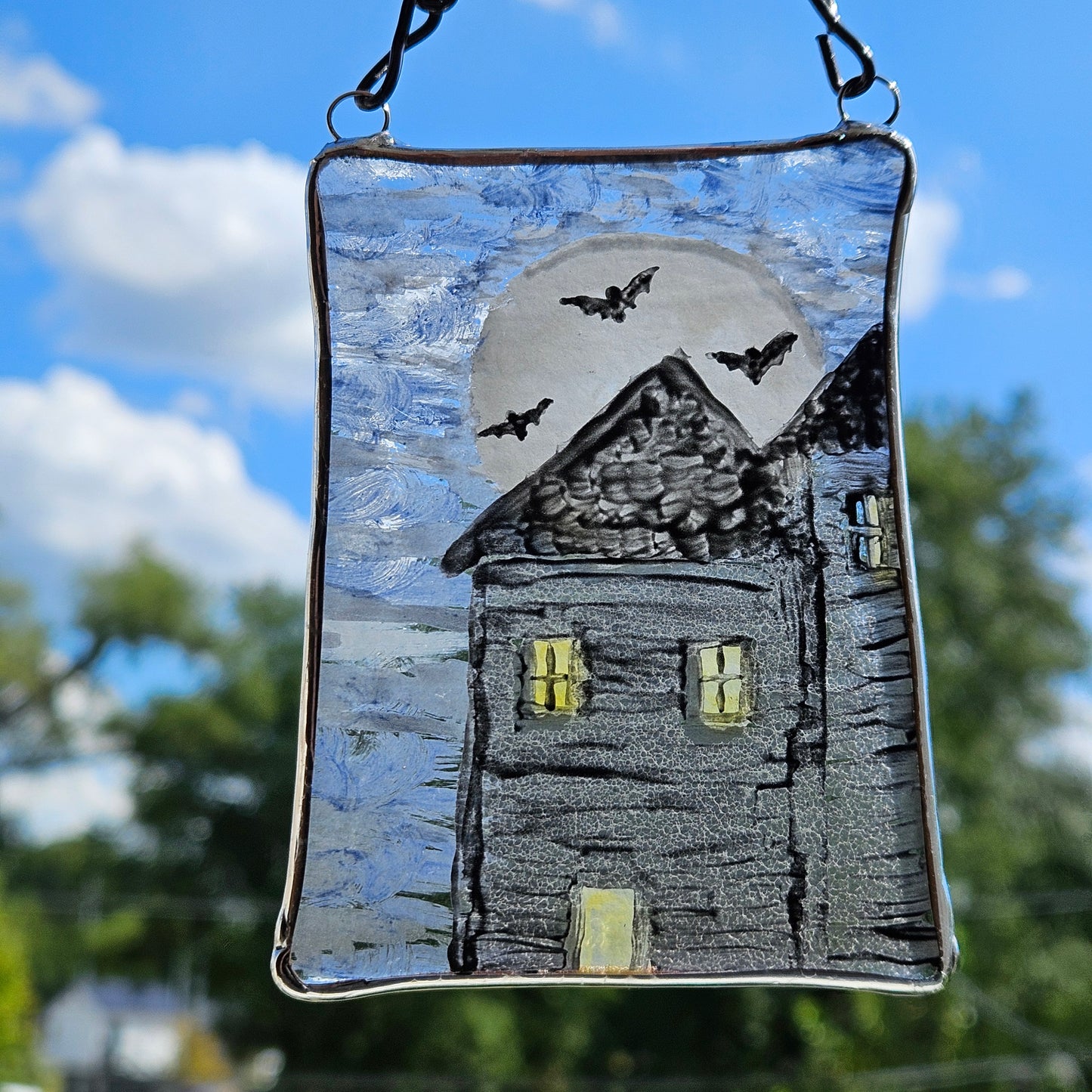 Hand Painted Fused Glass Haunted House Suncatcher