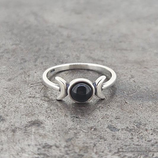 Sterling Black Agate Moon Ring Size 7