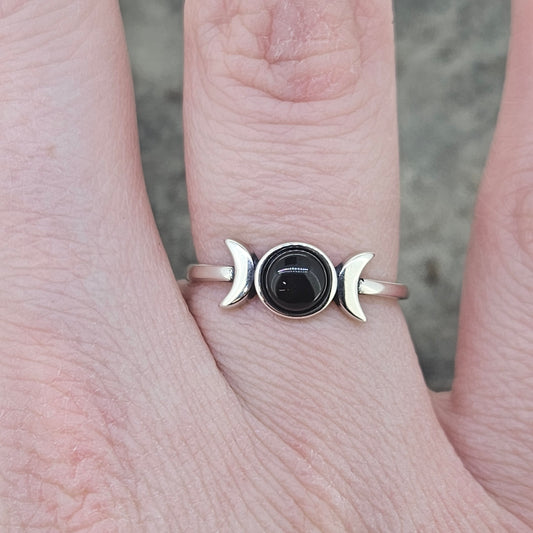 Sterling Black Agate Moon Ring Size 7