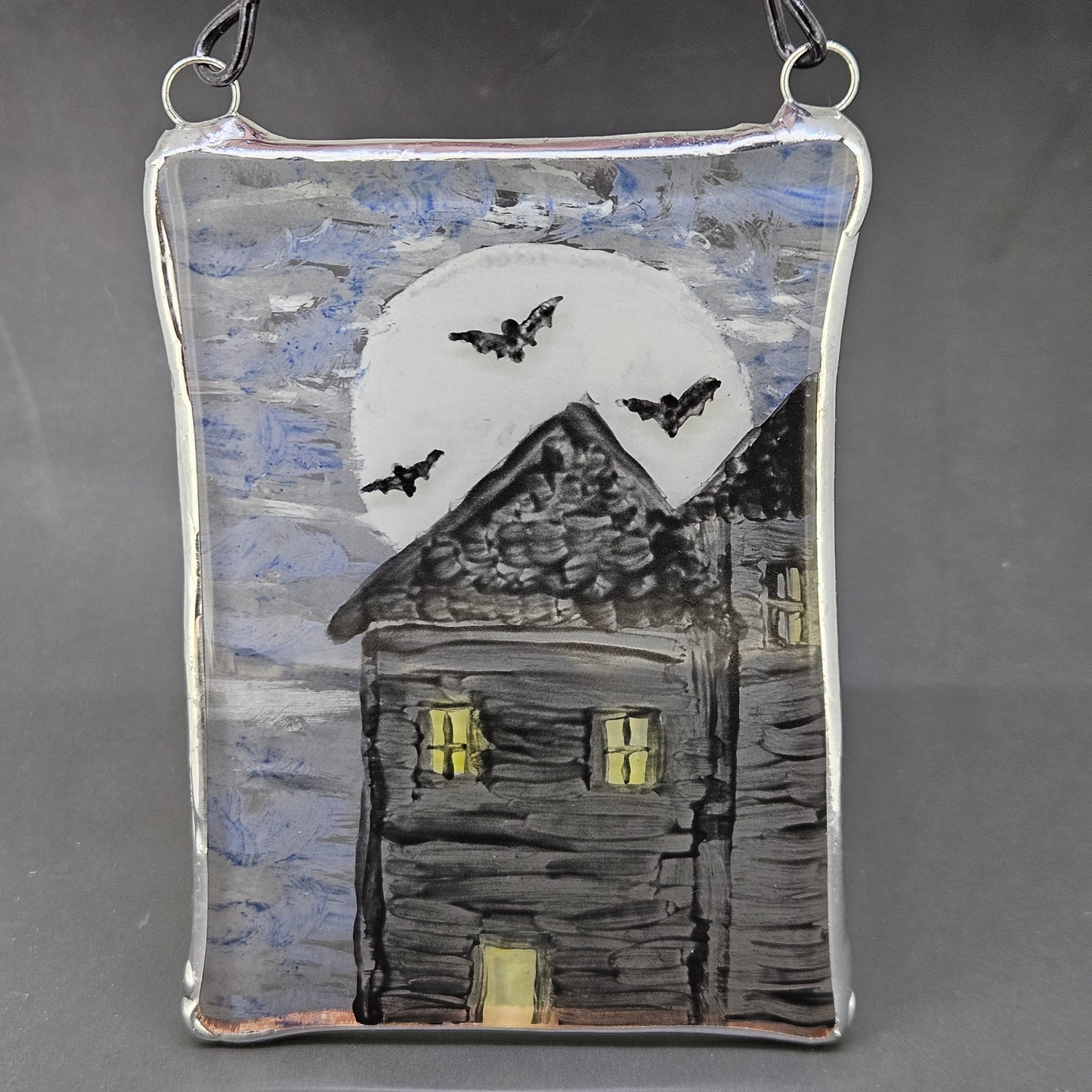 Hand Painted Fused Glass Haunted House Suncatcher