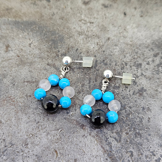 Sterling Turquoise, Quartz, and Black Onyx Earrings