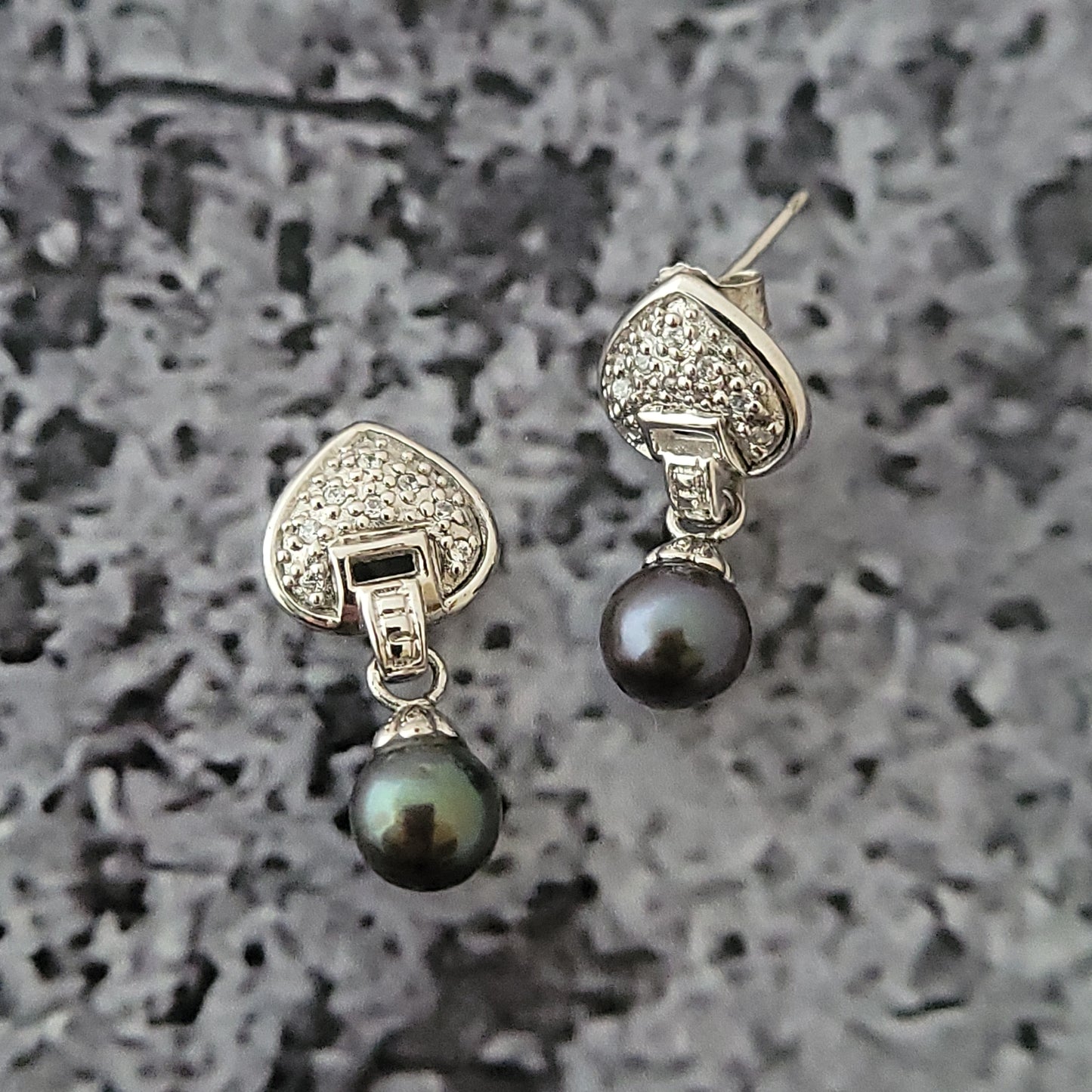 Sterling CZ and Black Pearl Earrings