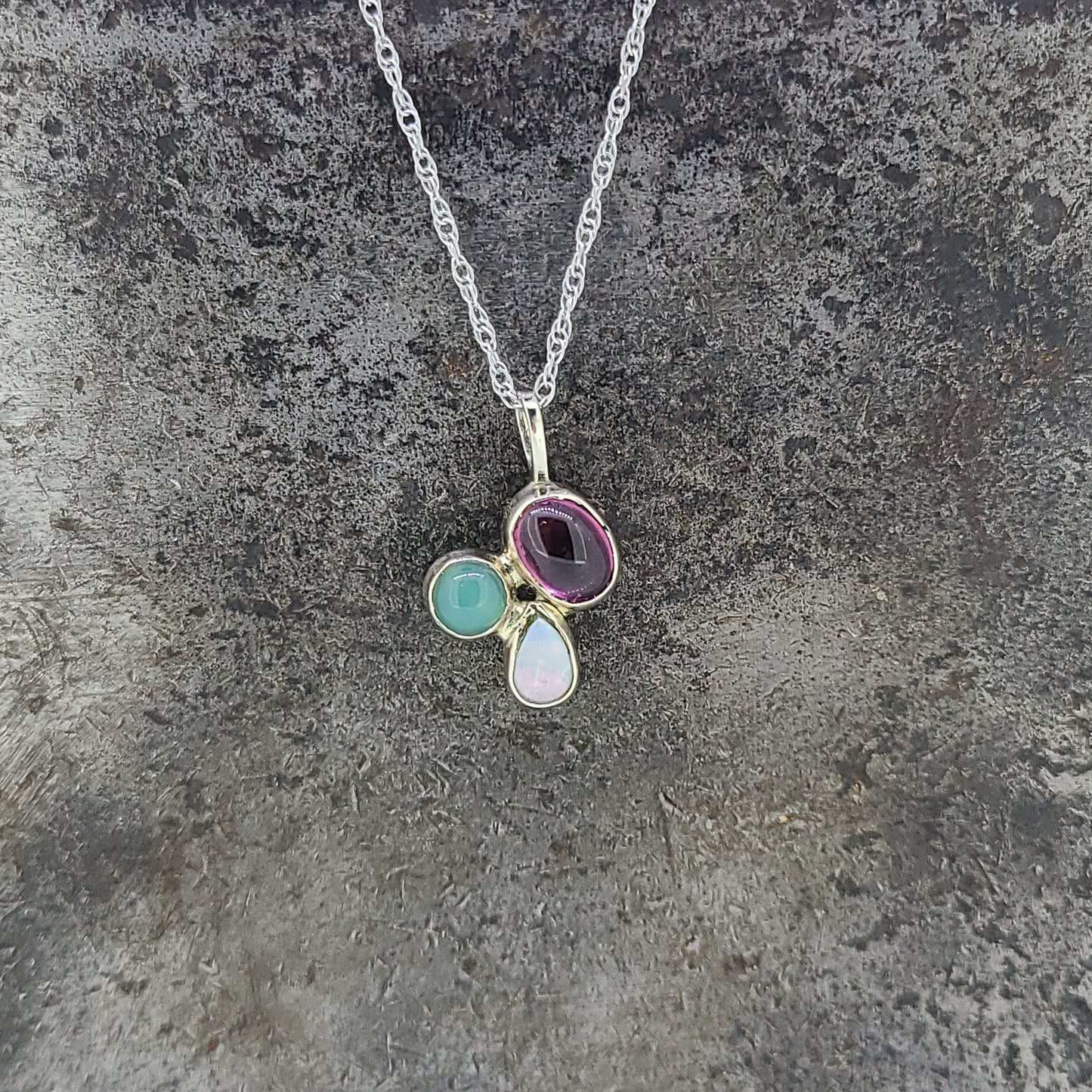 Handmade Pink Tourmaline, Chrysophrase, and Opal Pendant