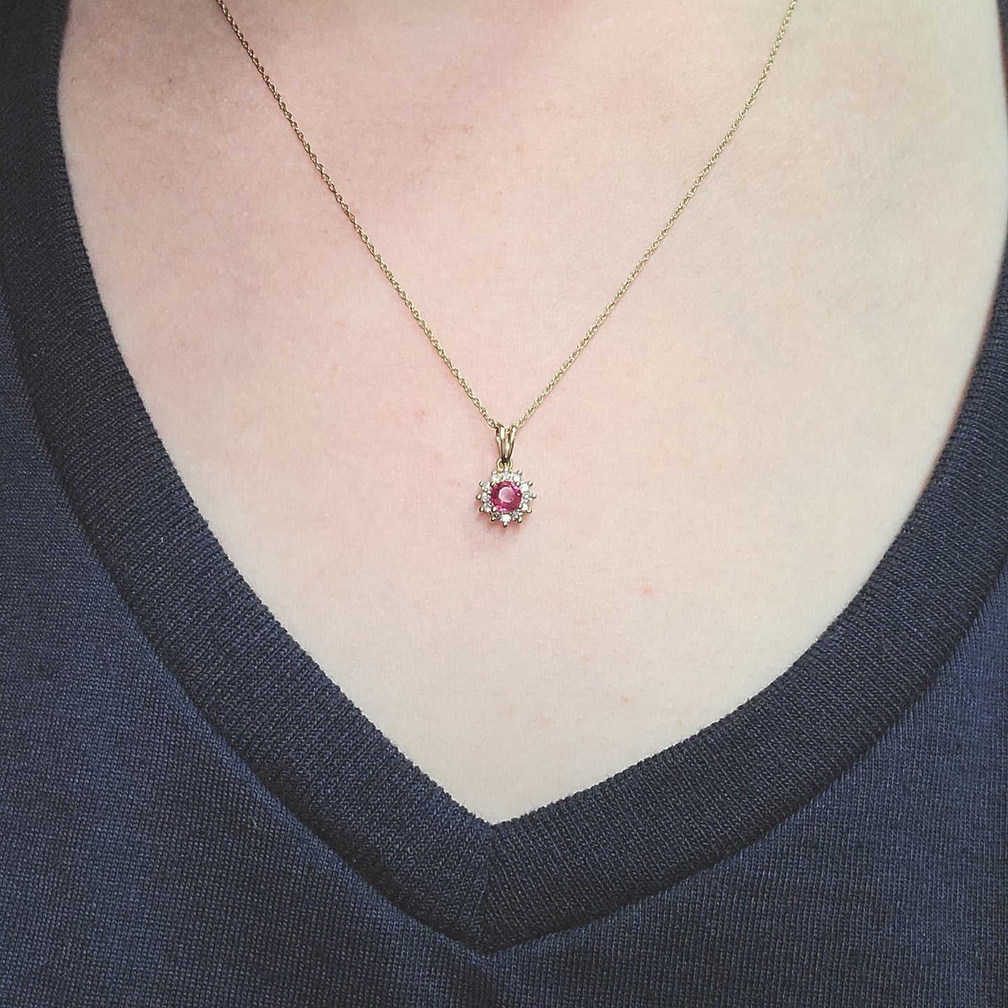 Ruby and Diamond Halo Necklace