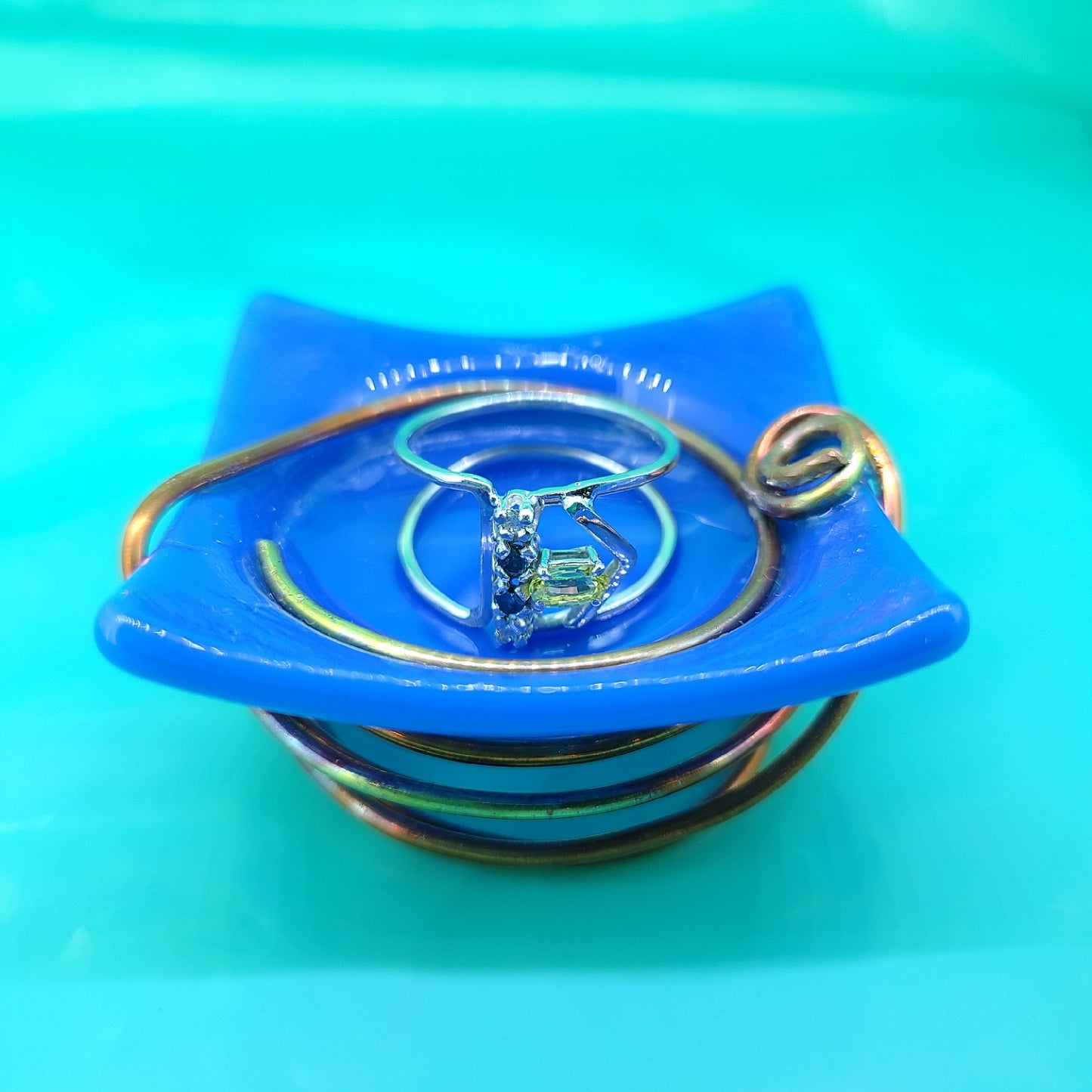 Small Blue Fused Glass Jewelry Dish with Copper Wire