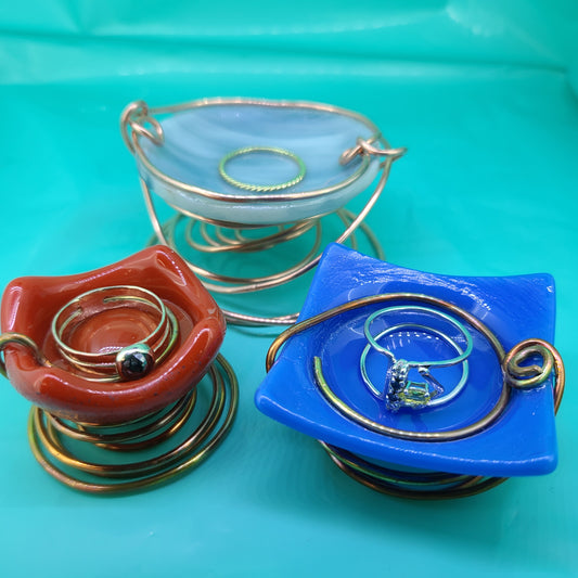Small Red Fused Glass Jewelry Dish with Copper Wire