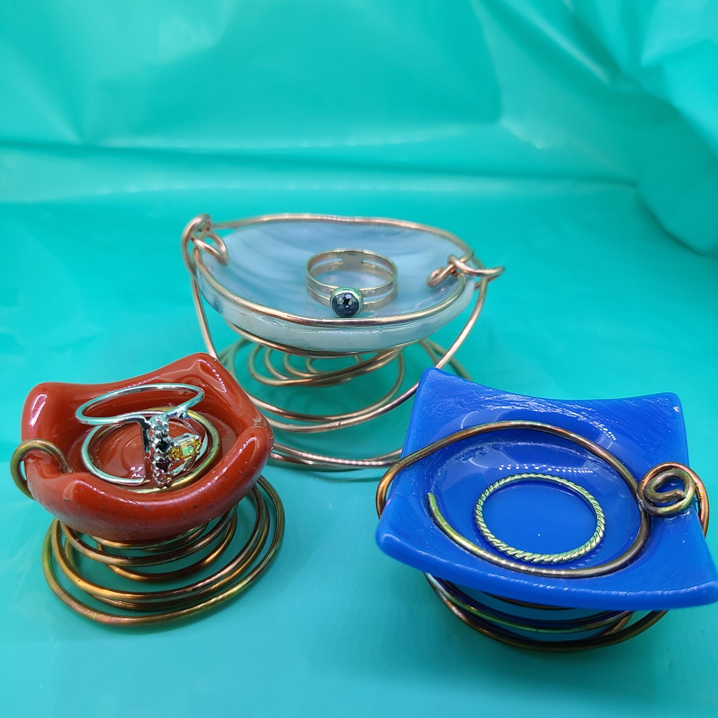 Small Blue Fused Glass Jewelry Dish with Copper Wire