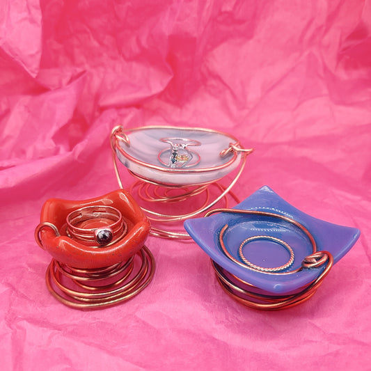 Small Blue Fused Glass Jewelry Dish with Copper Wire