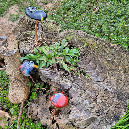 Fused Glass Mushrooms with Wire Wrap Stand