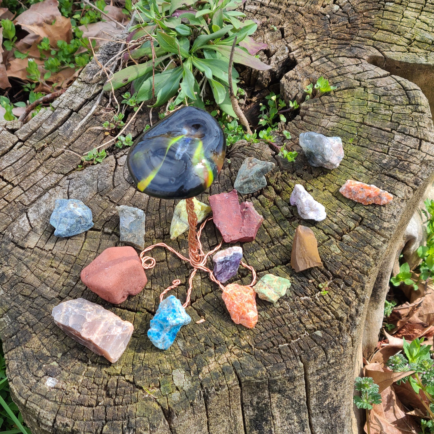 Fused Glass Mushrooms with Wire Wrap Stand
