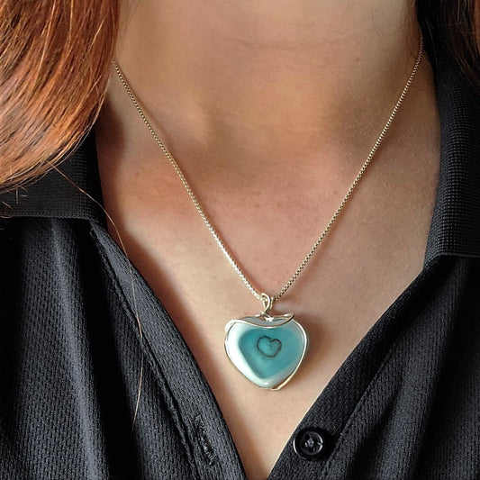 Fused Glass Light Blue and White Heart Necklace