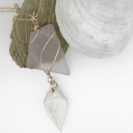 Pink Seaglass Necklace with Shell