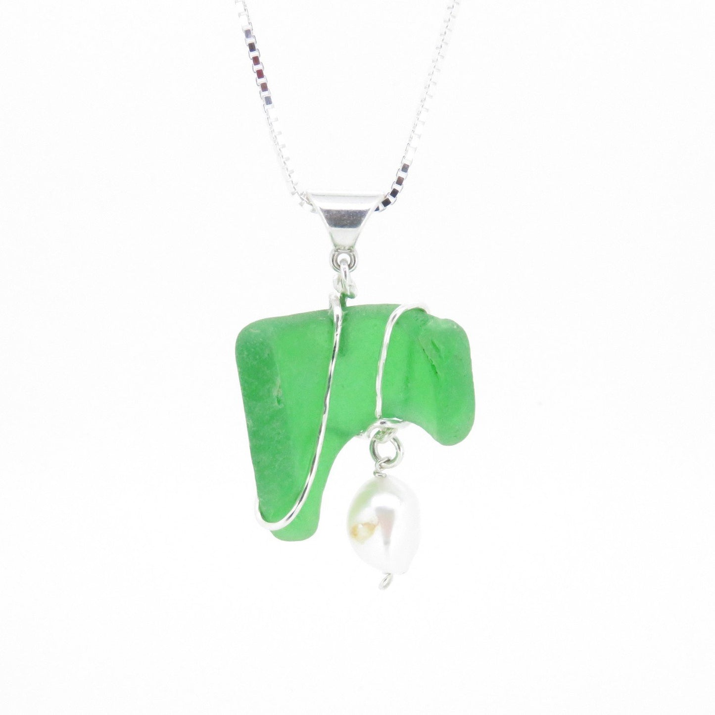 Green Seaglass Necklace with Pearl