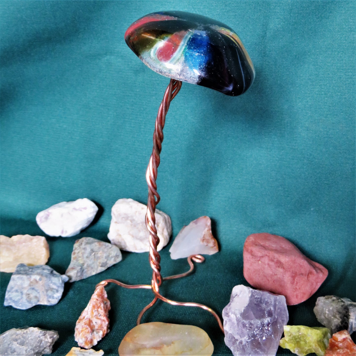 Fused Glass Mushrooms with Wire Wrap Stand