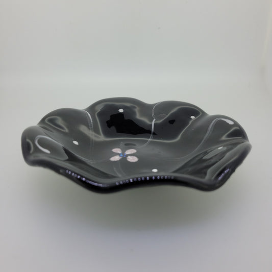 Hand Painted Ruffled Black Fused Glass Dish