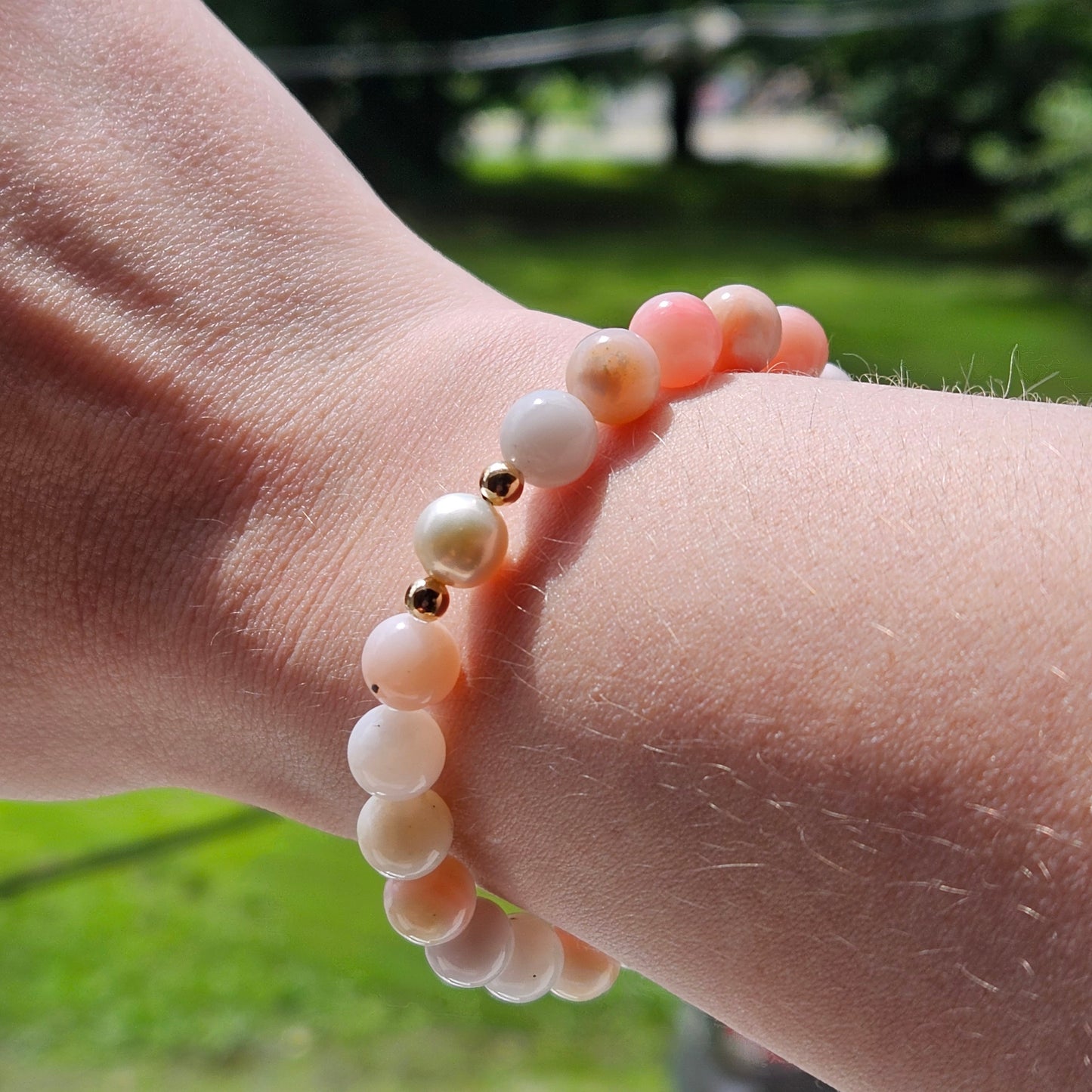 Pink Opal and 14k Bead Stretch Bracelet