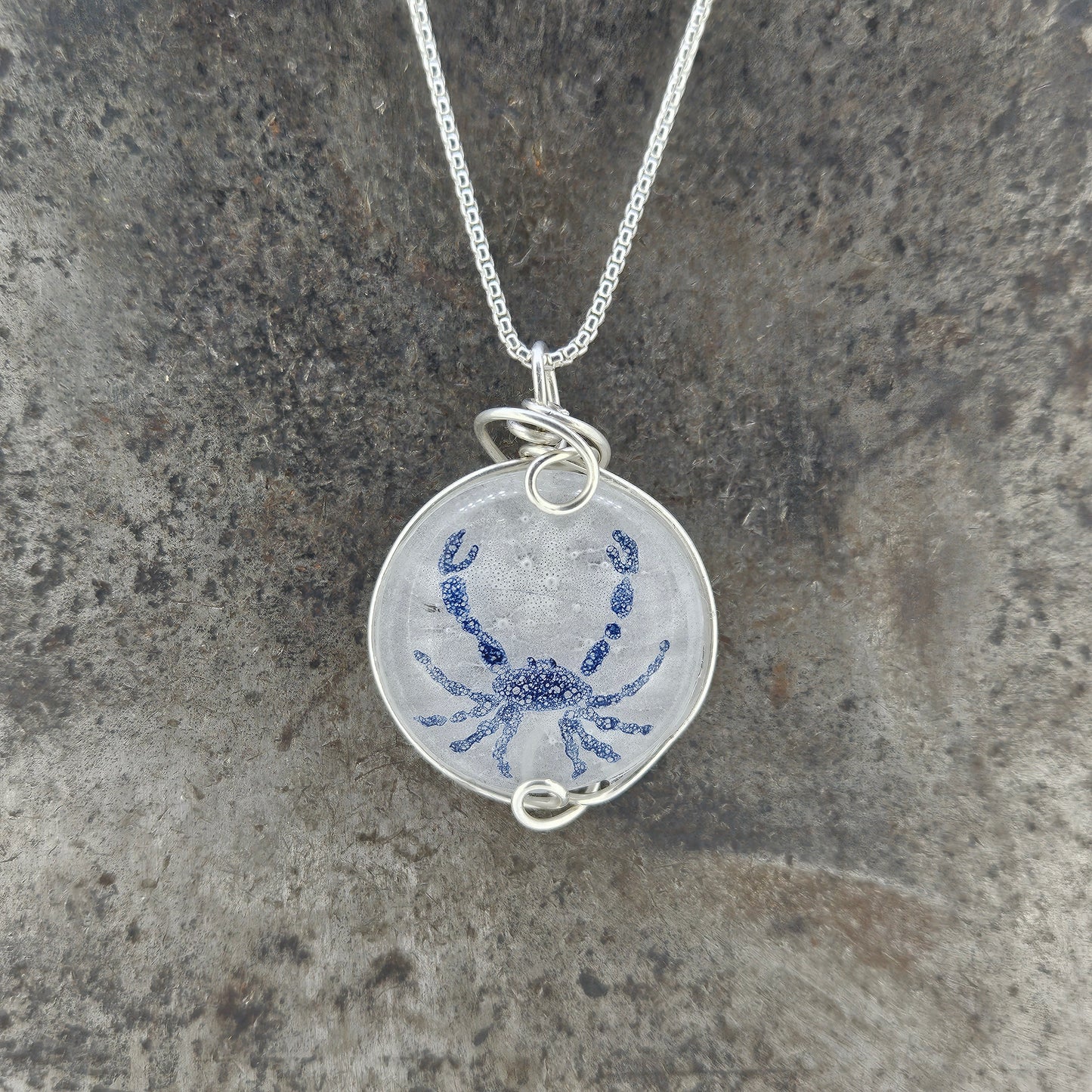 Handpainted Wire Wrapped Crab Fused Glass Necklace