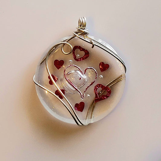 Wire Wrapped Heart Fused Glass Pendant