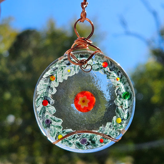 Fused Glass Wreath Ornament Wrapped with Copper Wire